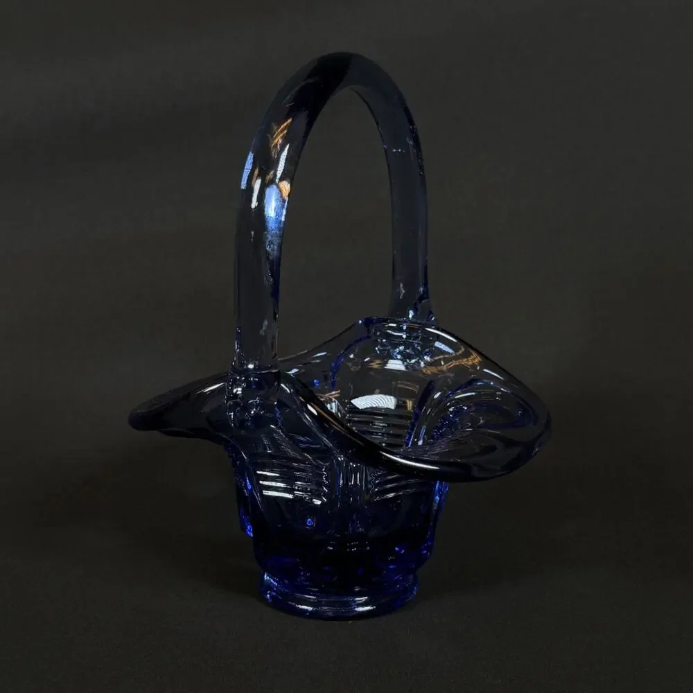 VINTAGE FENTON BLUE GLASS BASKET WITH HANDLE 6